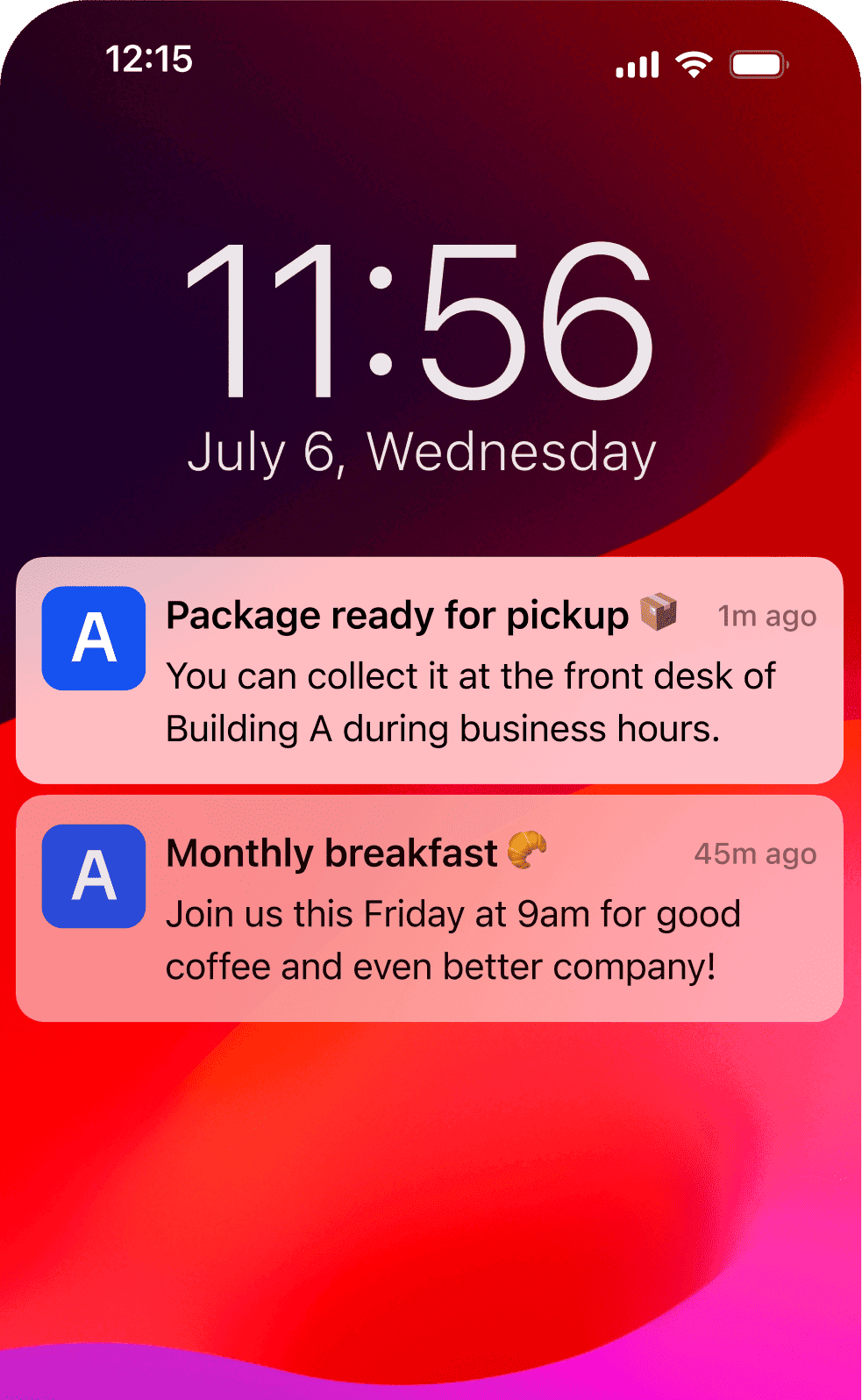 Mobile phone notifications showing a package ready for pickup and an invitation to a monthly breakfast.